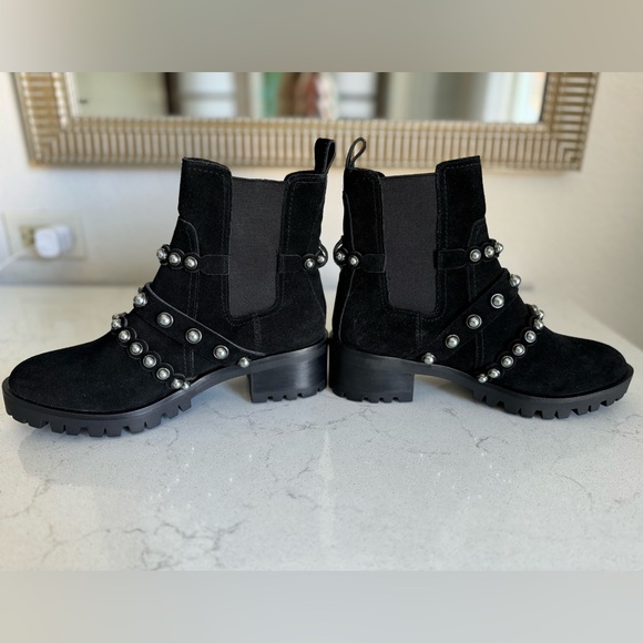 NWT Karl Lagerfeld Black Suede Moto Boots W/Silver Stud Detail. Size 8.5 - Picture 3 of 9